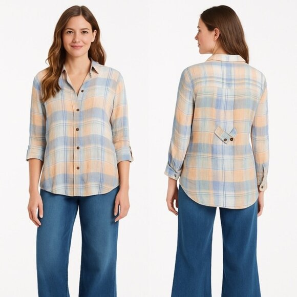 Soft Surroundings Crepe 100% Linen Plaid Button Up Shirt - Picture 1 of 10